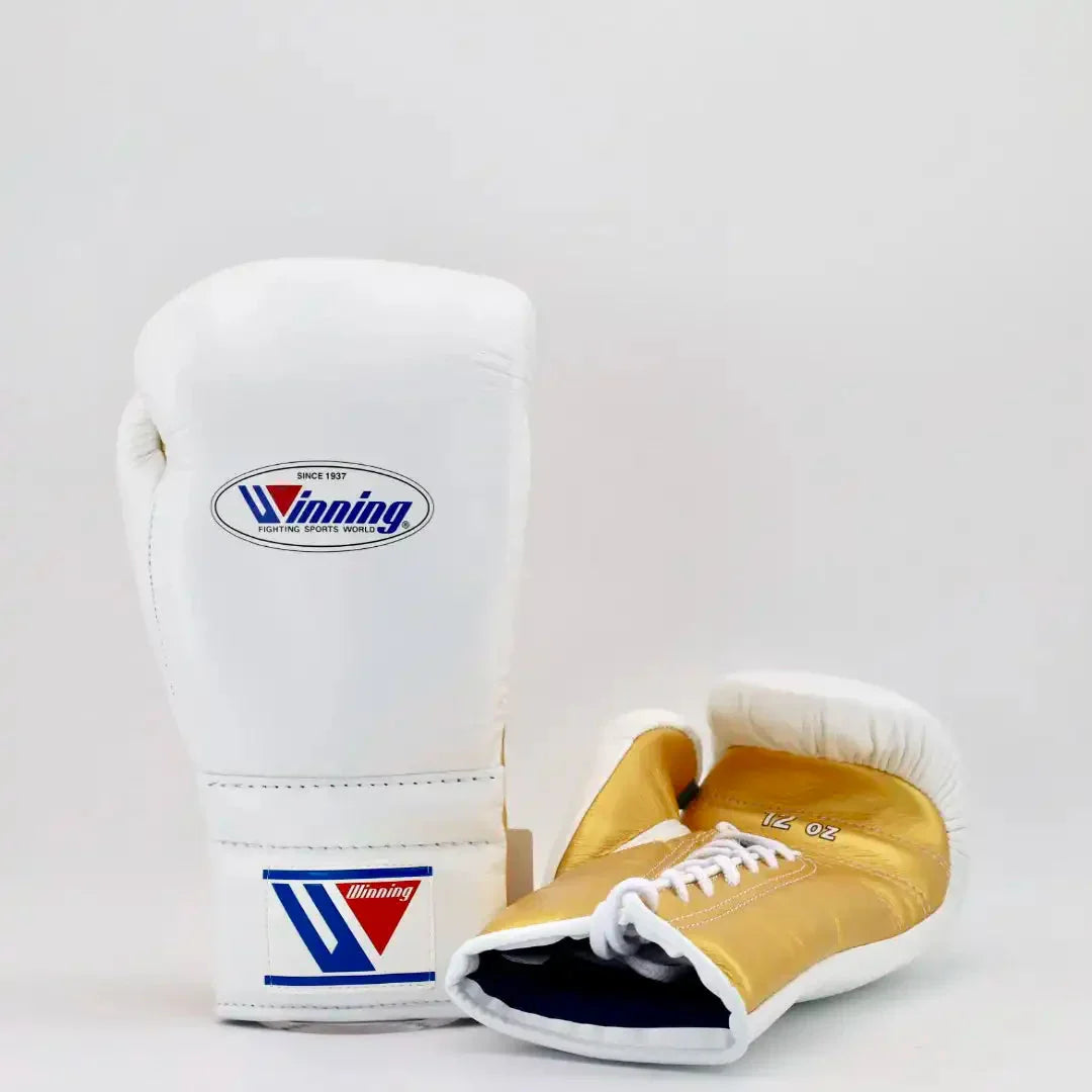 Winning White & Gold Boxing Gloves Front Back View